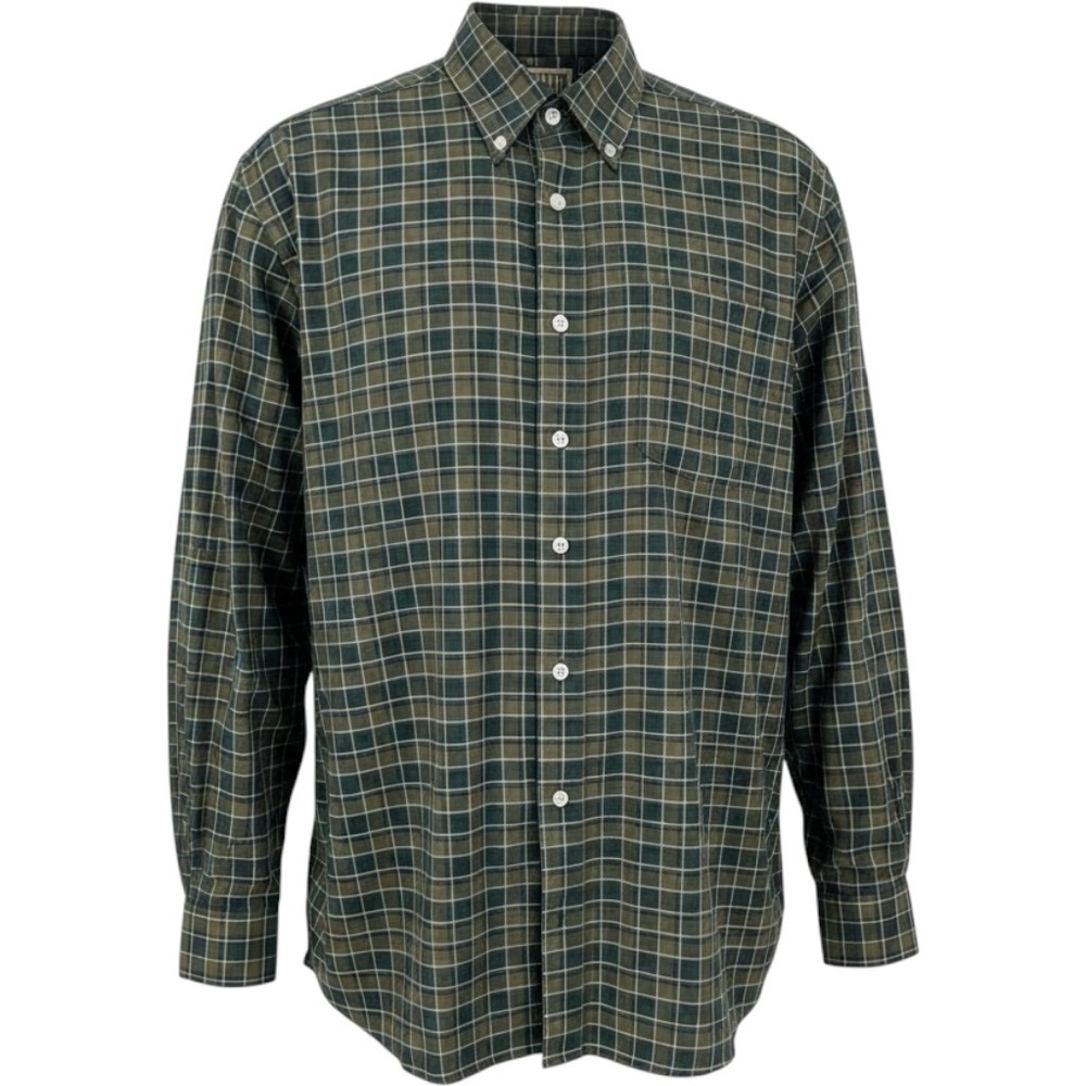 Duluth Trading Co Mens Large Green Plaid Cotton Button Down Shirt Business Comfy